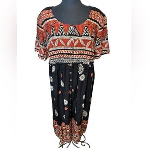 Positive Attitude Black and Orange Tribal Aztec Patterned Midi Dress Size 18